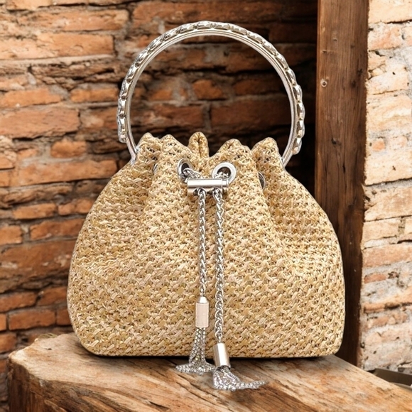 🆕️Boho Chic Straw Bucket Bag 👜✨ | Rhinestone Handle Chain Strap Trendy Stylish - Picture 16 of 17